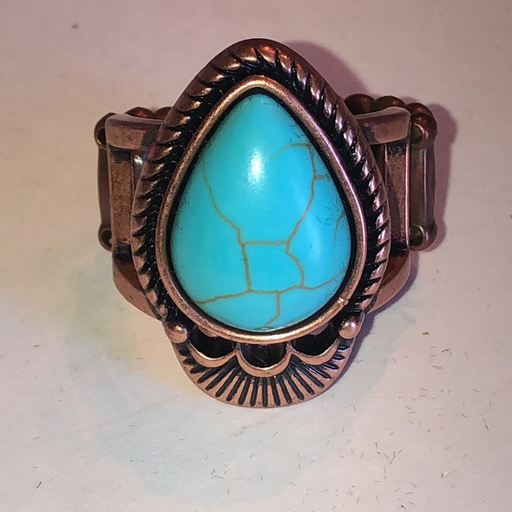 Faux Turquoise Teardrop Ring in Antique Copper Tone